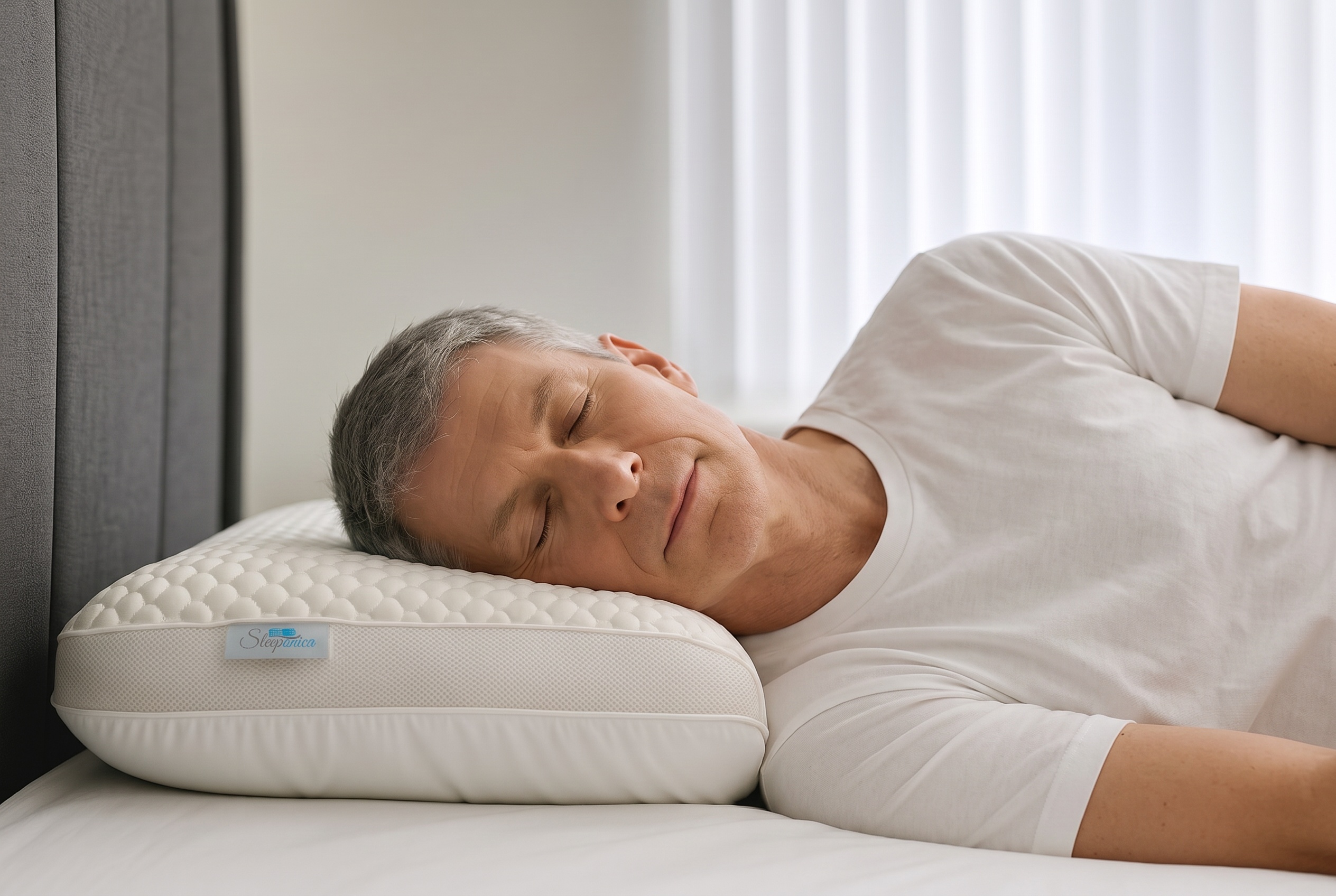 Man sleeping on his side on the Sleeponica High Profile pillow